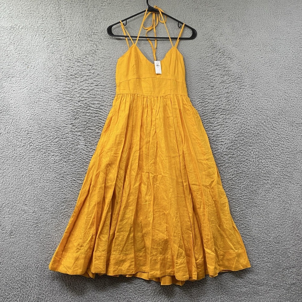 Banana Republic Midi Dress Womens XS Yellow Linen Sundress Tie Back Strappy